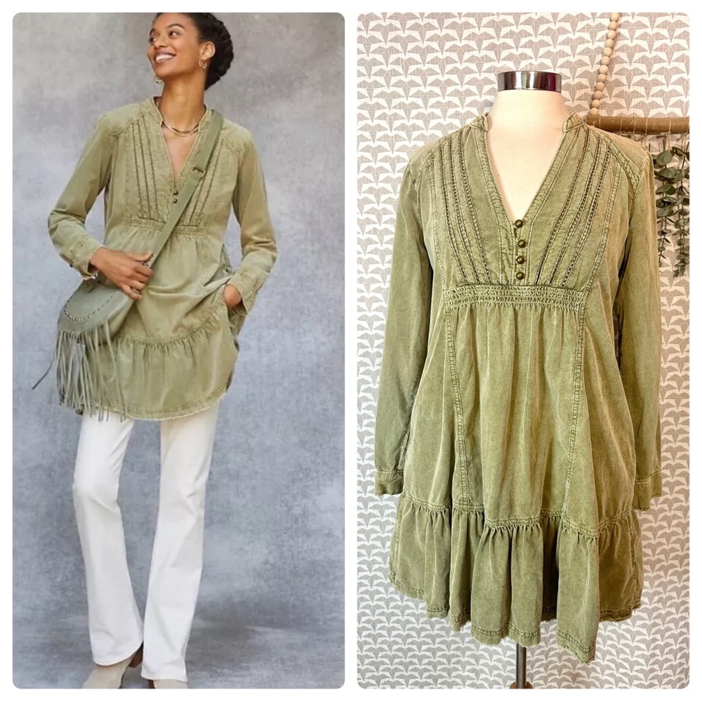 Anthropologie Pilcro Corduroy Tunic Dress Minidress L/S Moss Green Size Small